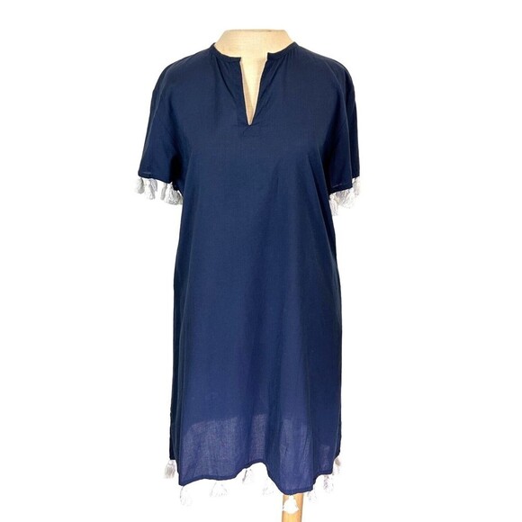 Madison Mathews Womens Tunic Dress Large Navy   White Tassel Trim Lightweight - Picture 1 of 5